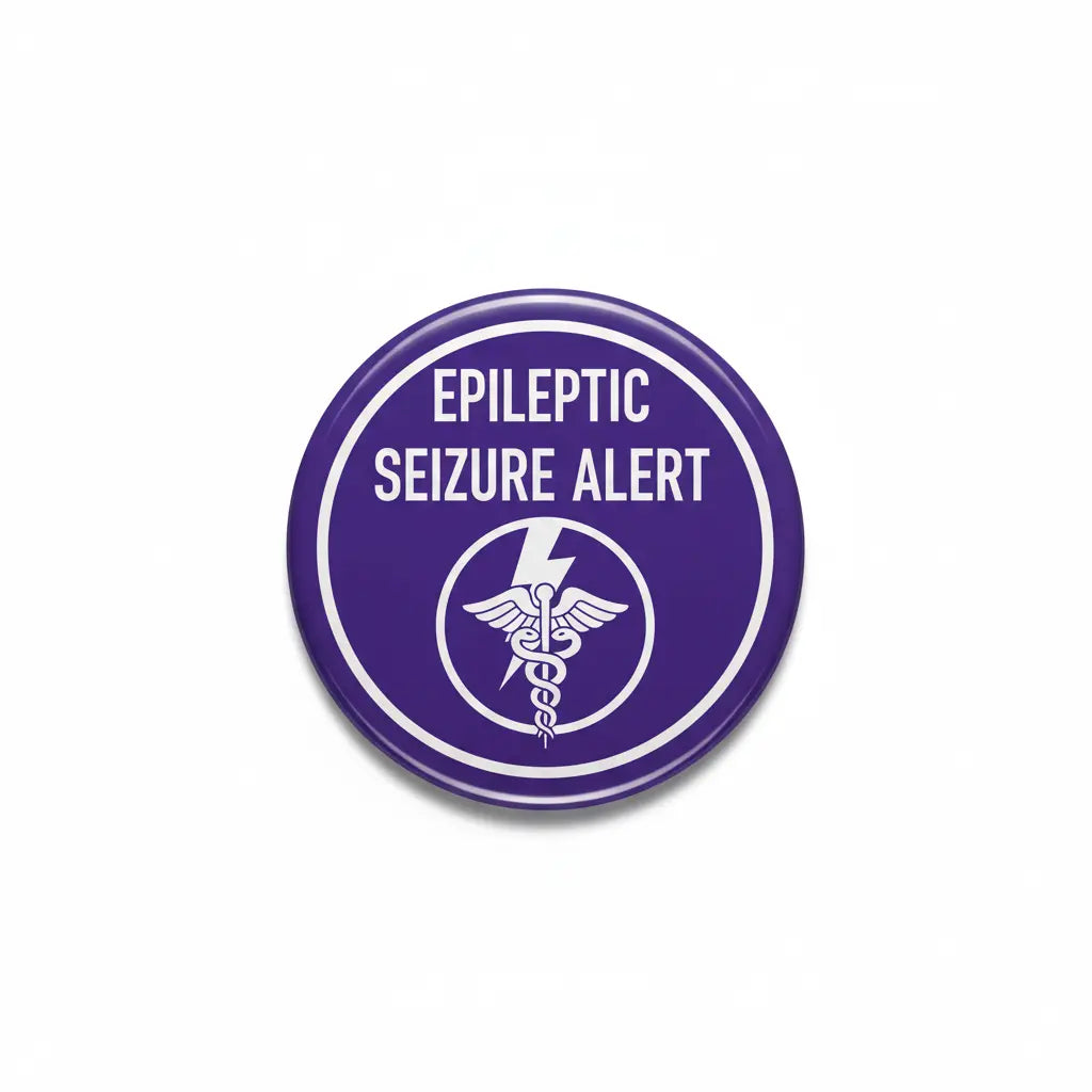 Purple seizure alert pinback with white 'EPILEPTIC SEIZURE ALERT' lettering and icon
