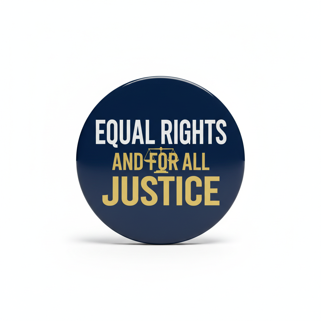 2.25-inch pinback button, dark blue with 'EQUAL RIGHTS FOR ALL JUSTICE' text