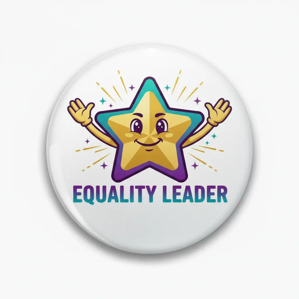 Round pinback button with colorful smiling star and 'EQUALITY LEADER' text