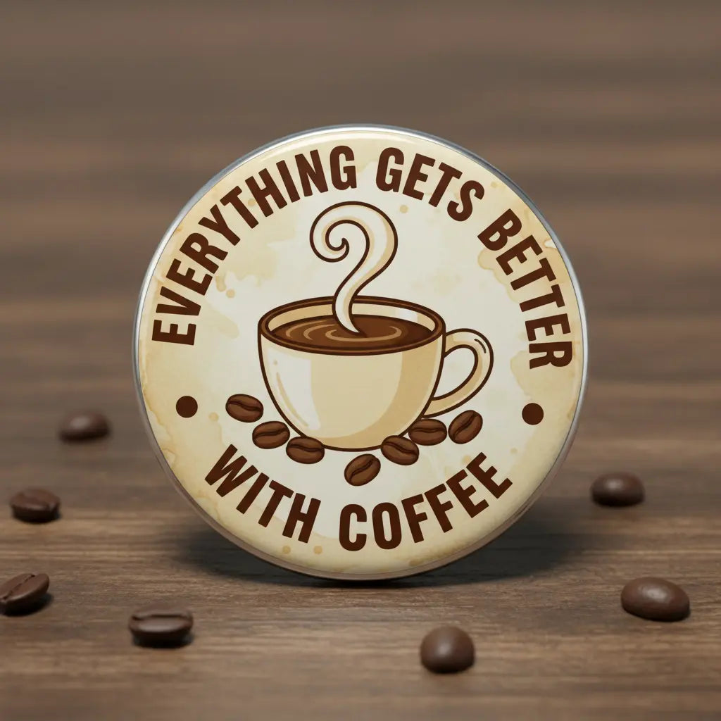 Coffee-themed pinback button with round beige design and coffee cup graphic