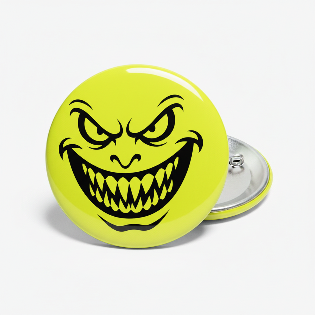 Evil smiley pinback button, round lime yellow with black grinning face and metal clasp backing