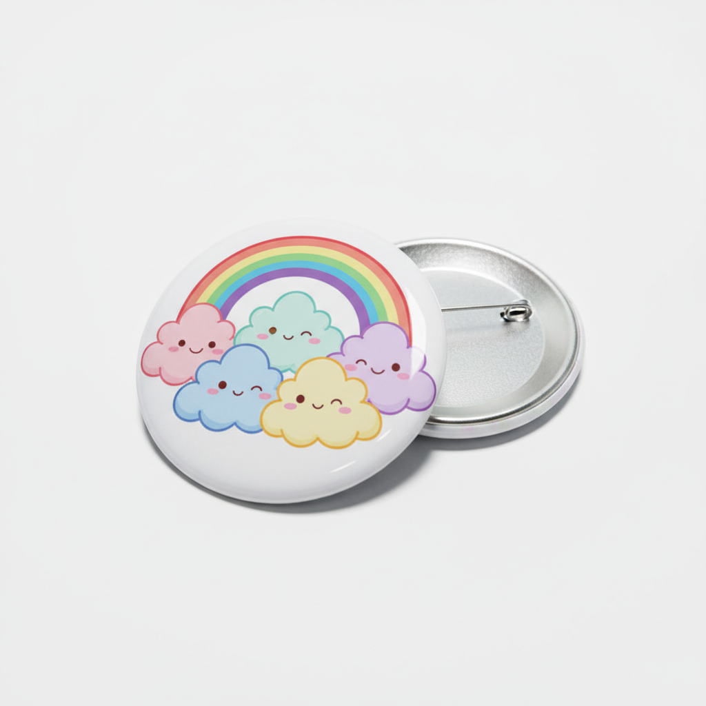 Rainbow smiley clouds pinback button with pastel cloud faces and rainbow arc, silver back.