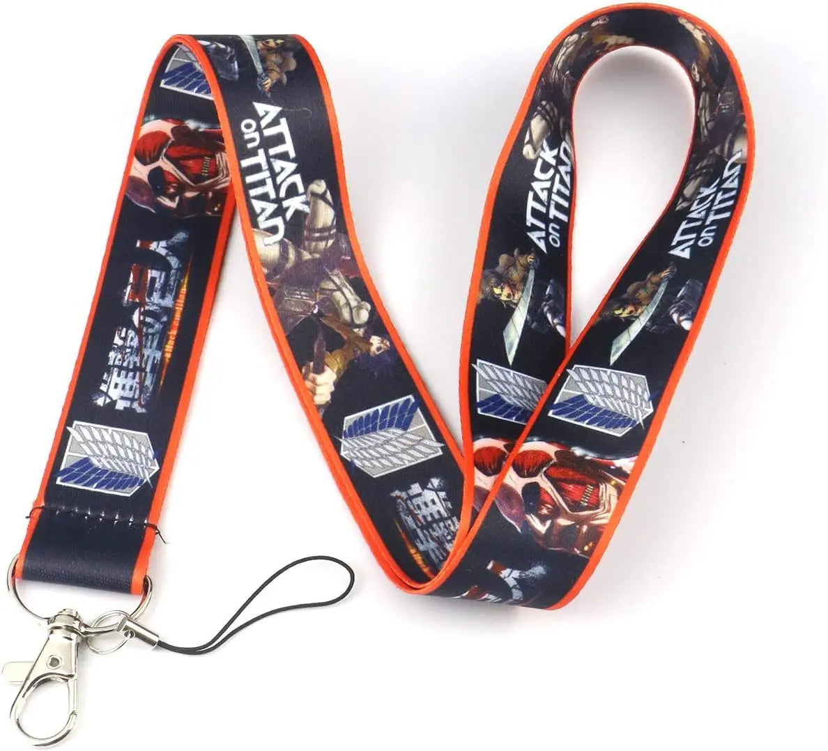 Colorful graphic lanyard badge holder with orange trim and metal keychain clip