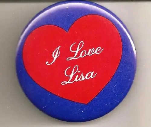1.25-inch pinback button with blue border, red heart, and โI Love Lisaโ text