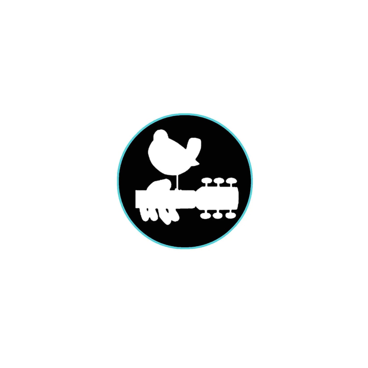 Round black pinback button with teal border and bird on guitar graphic, 2.25-inch
