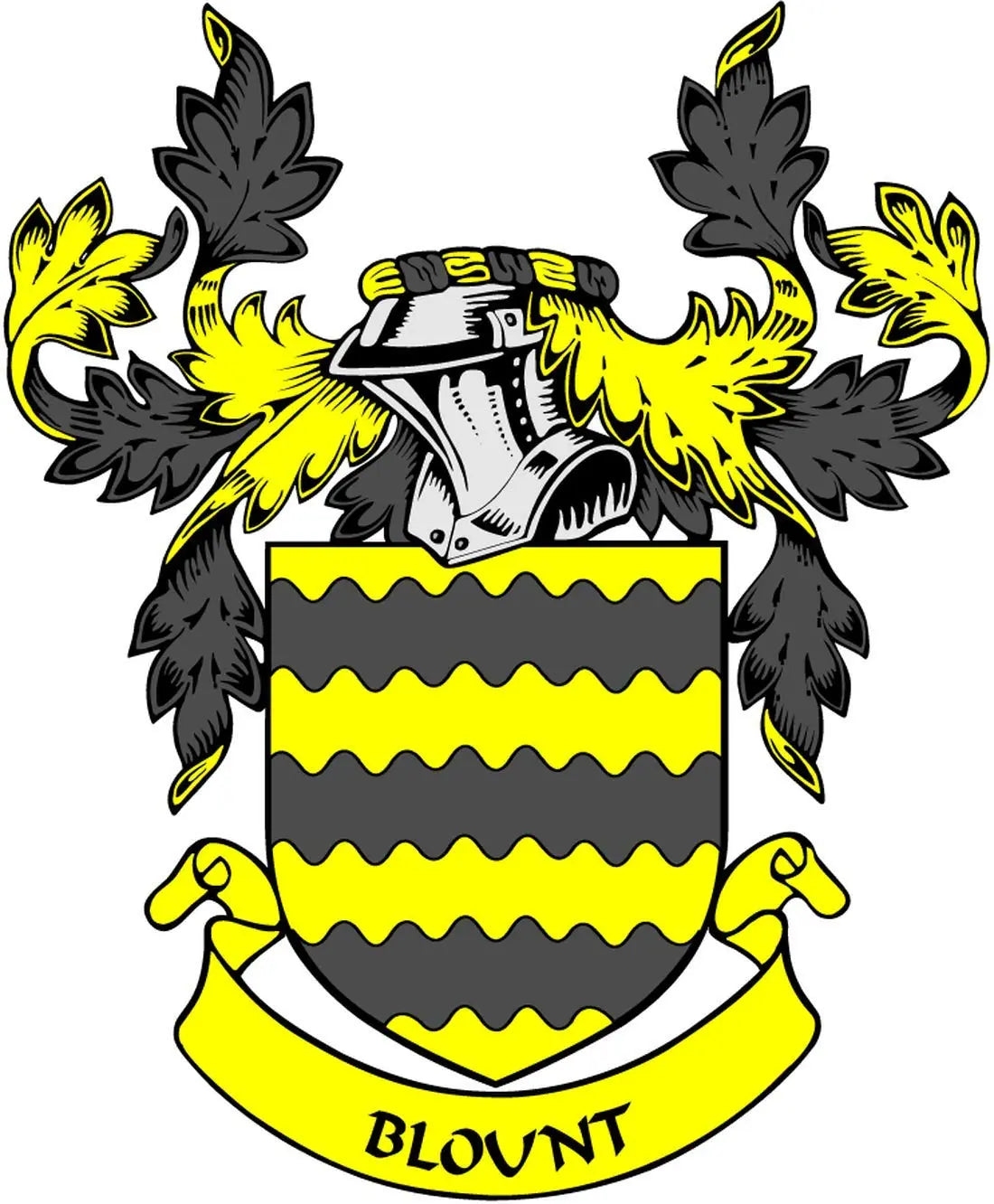 Blount family crest coat-of-arms magnet with black and yellow shield and banner
