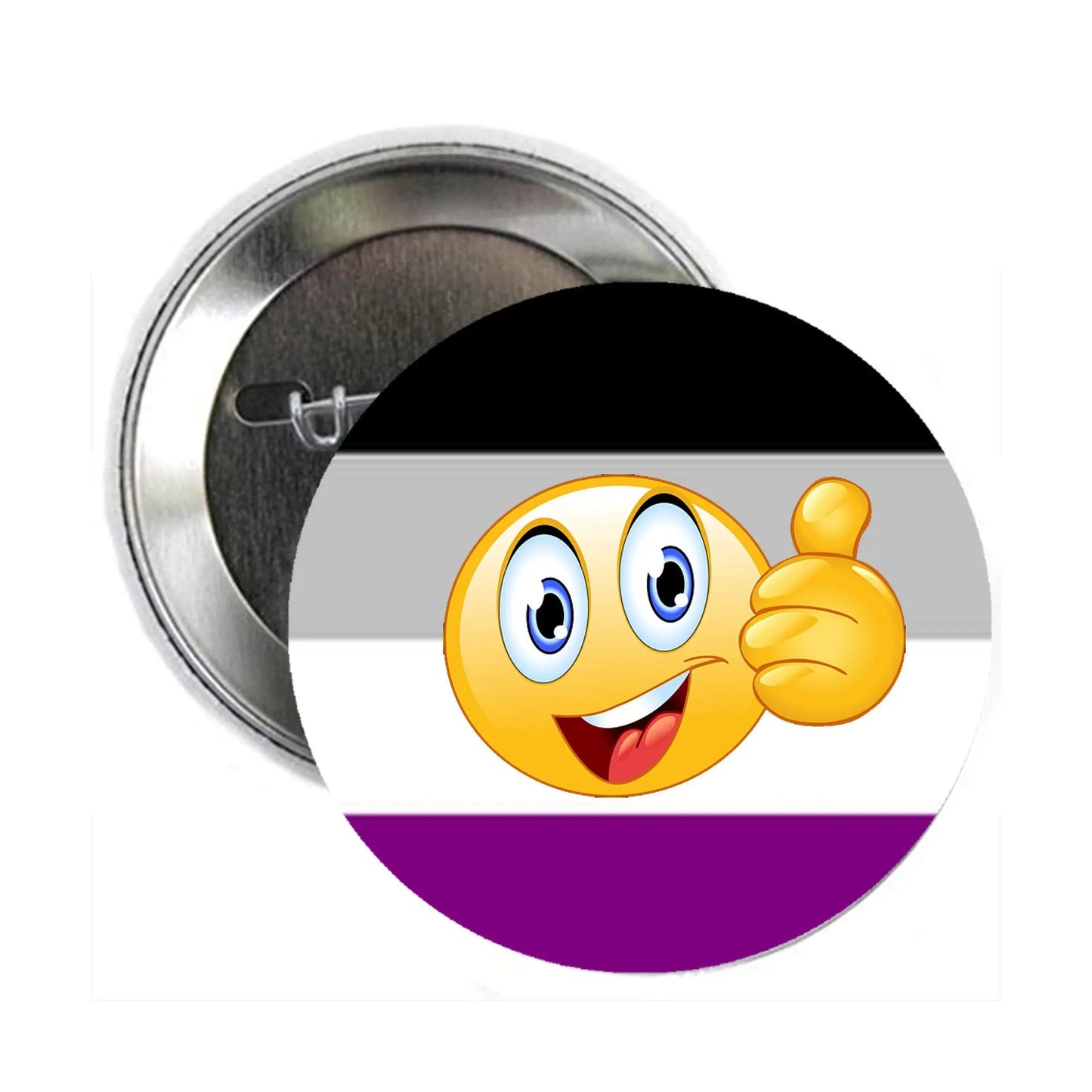 Asexual pride thumbs-up pinback button, circular design with smiling yellow character