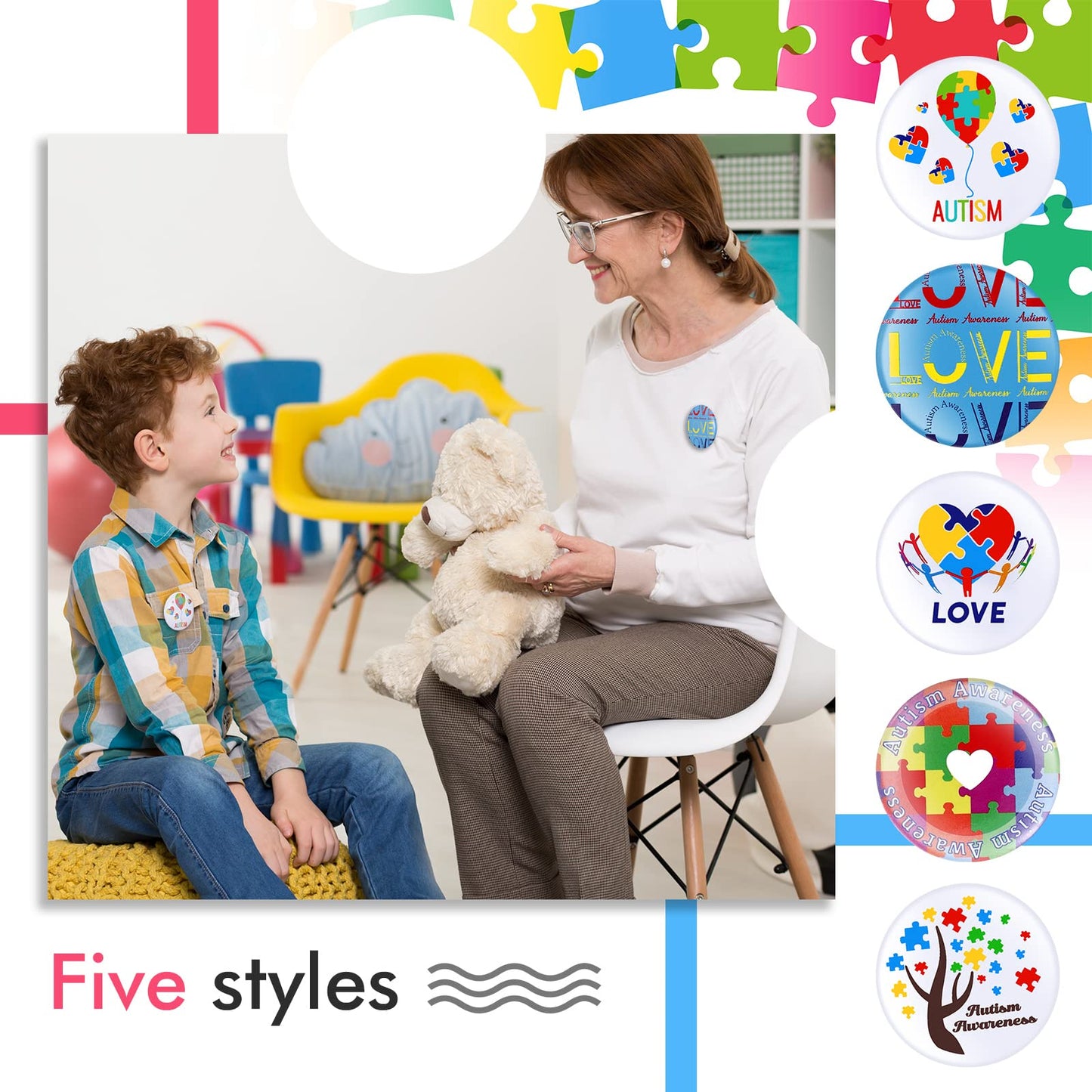 Autism Awareness Buttons Pins 1.26 Inches Autism Awareness Badge Autism Awareness Pins Pinback Buttons Badges Pins (60 Pieces)