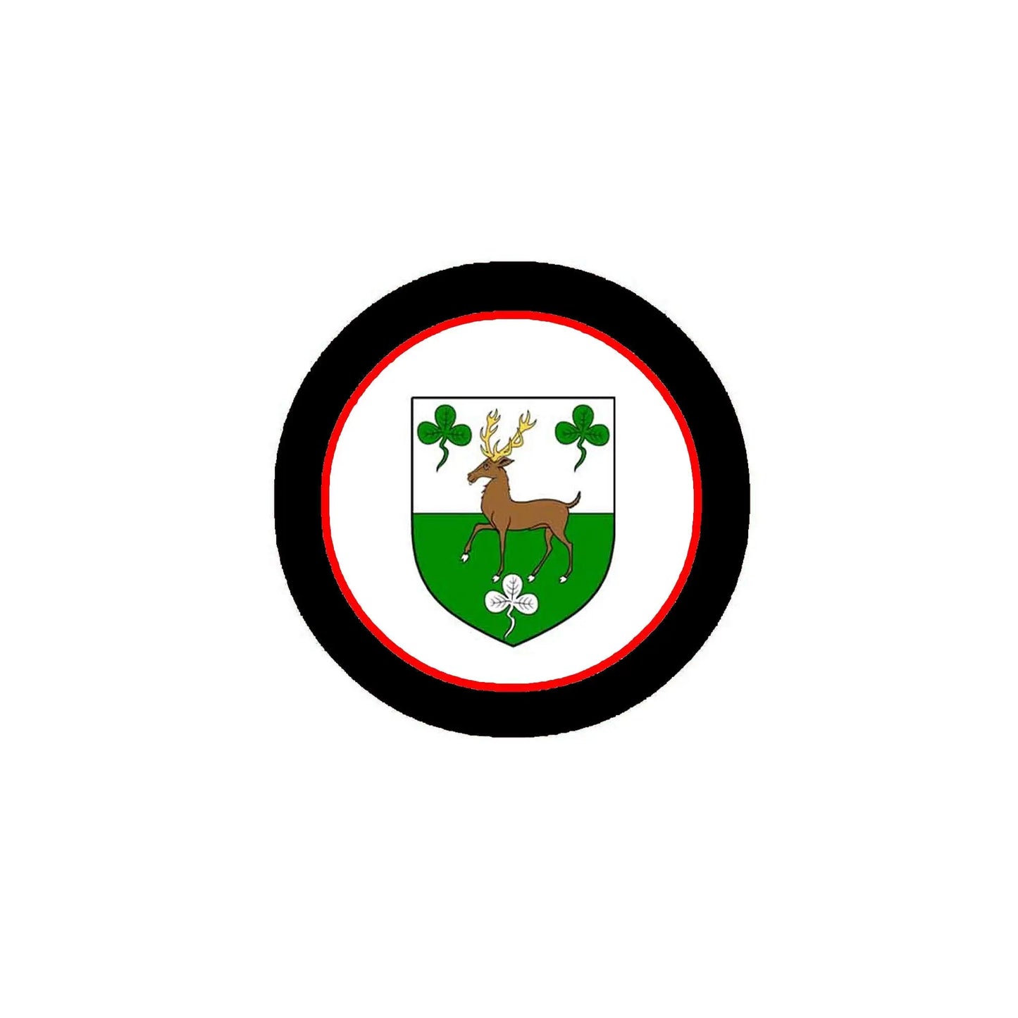 3-inch round coat of arms magnet with black/red border and green shield deer design