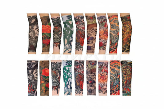 Assorted tattoo arm sleeves with bold skull, rose, and tribal prints on dark fabric