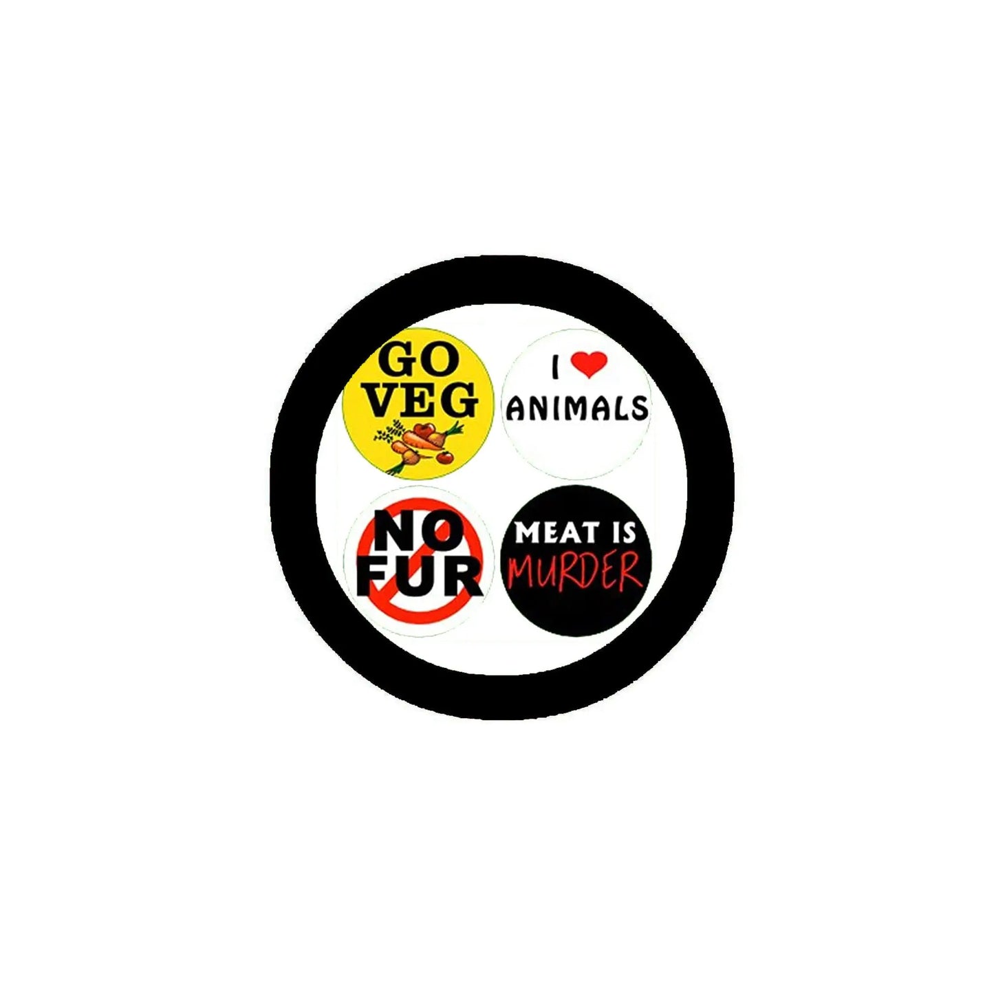 Round pinback button with black border and four sections: GO VEG, NO FUR, MEAT IS MURDER