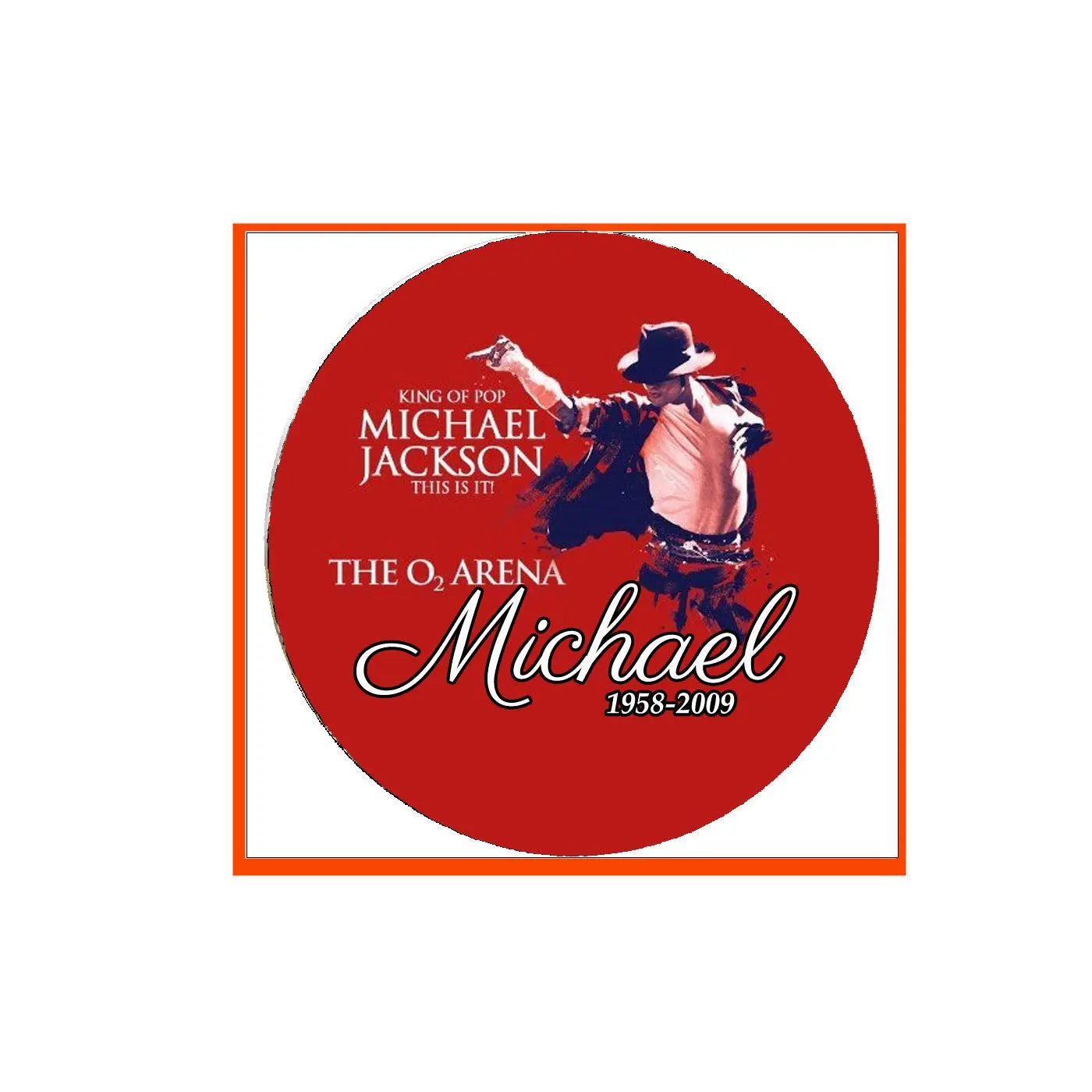 Red circular pinback badge with Michael Jackson graphic and 1958–2009 text
