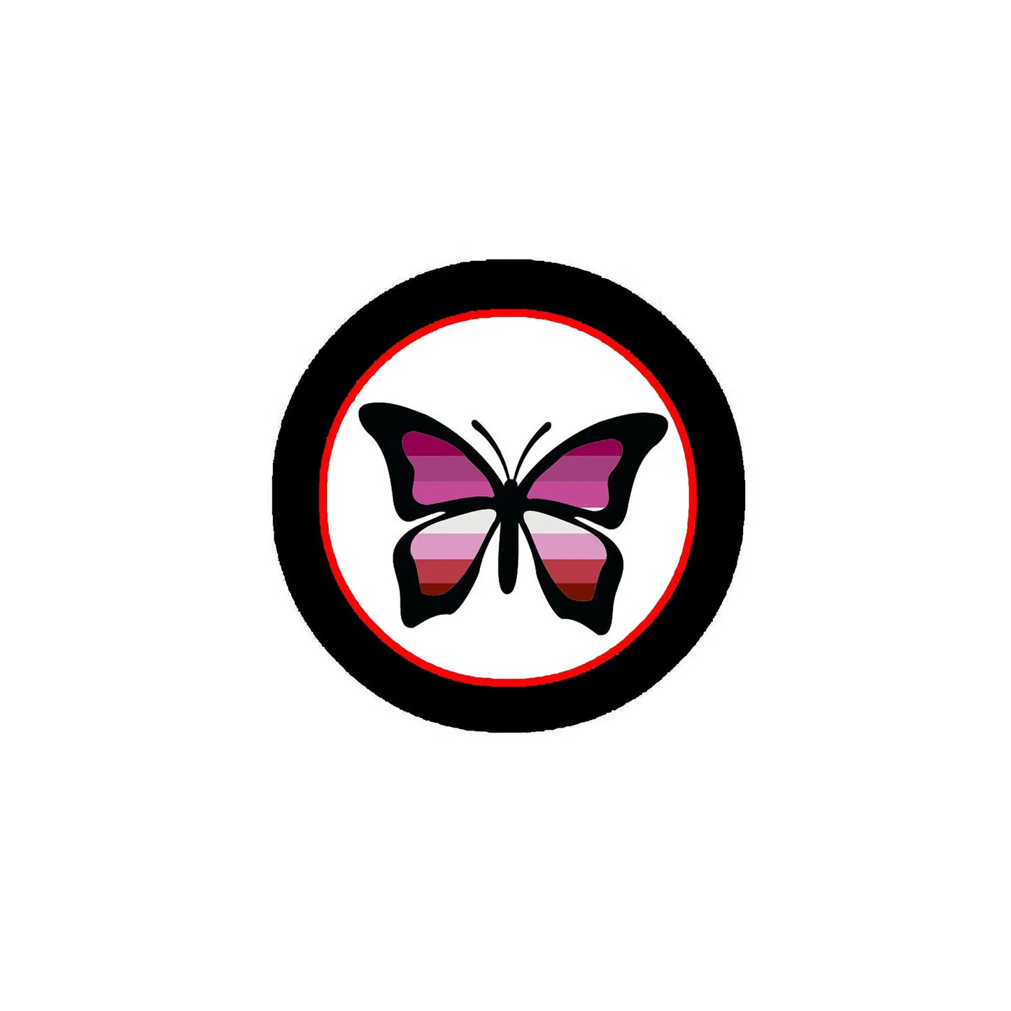 Round butterfly pinback button with purple and pink wings in black border