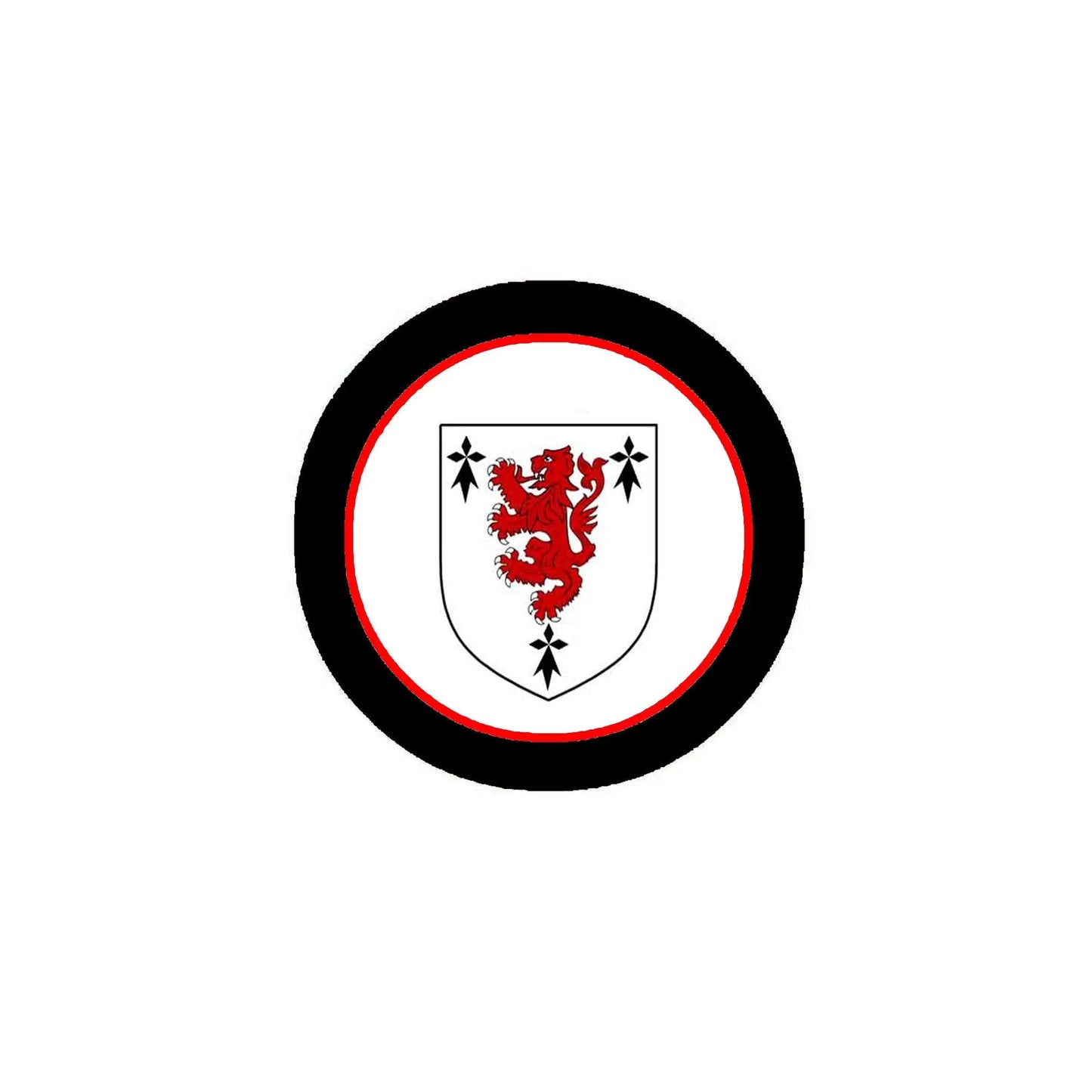 3-inch circular coat of arms magnet with black rim, red border, and lion crest