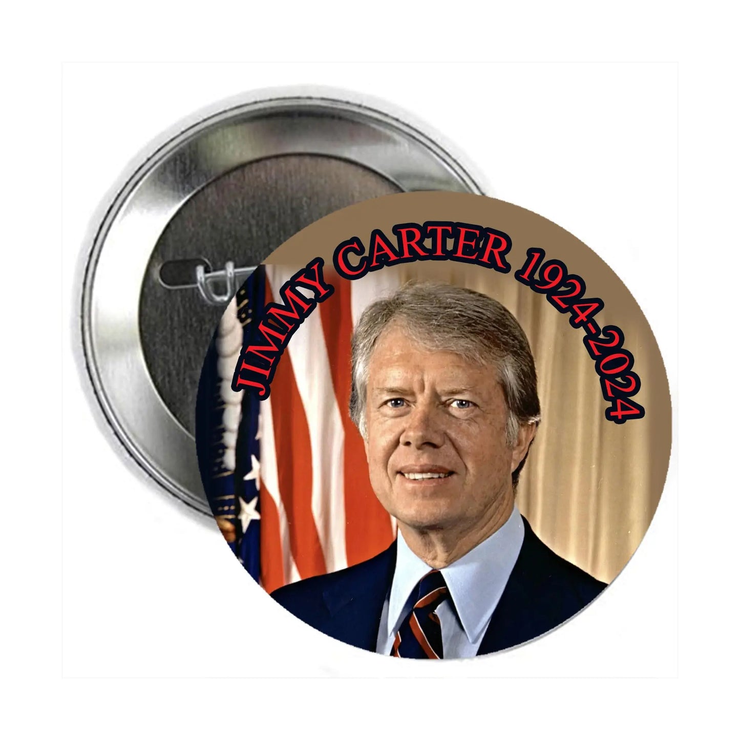 2.25-inch pinback button with Jimmy Carter portrait, U.S. flag, and "JIMMY CARTER 1924-2024" text