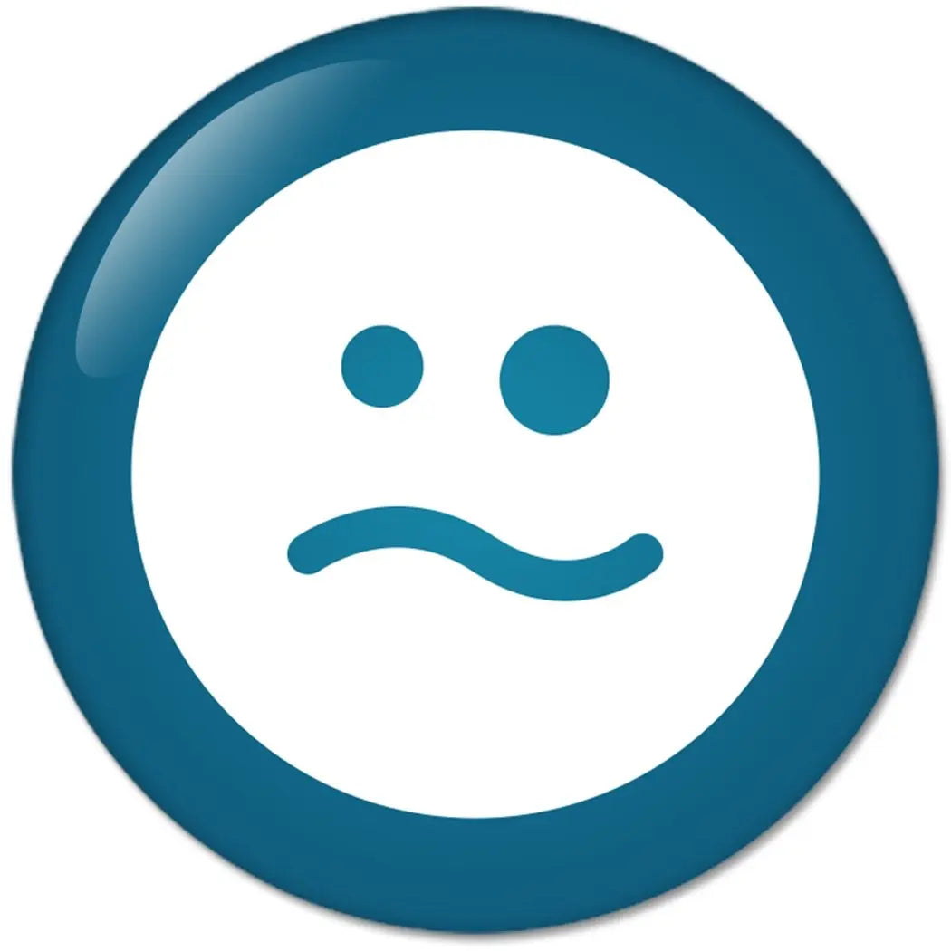 2.25-inch teal pinback button with smiling face icon, dot eyes and curved mouth