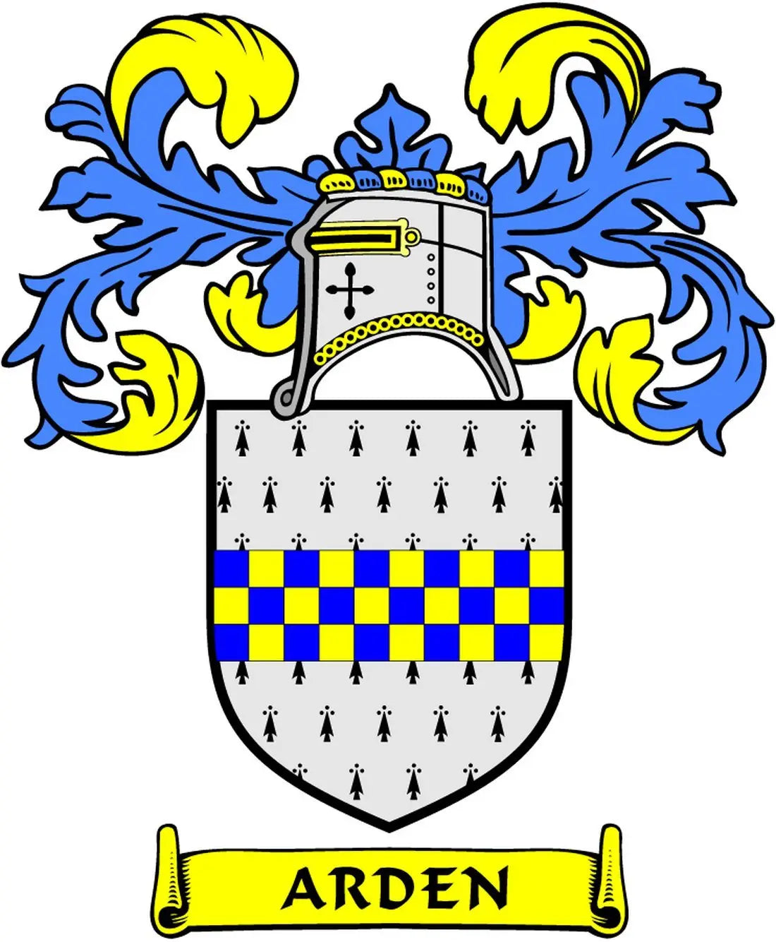 Family crest coat-of-arms shield magnet with blue lion, checkered bands, and ARDEN text