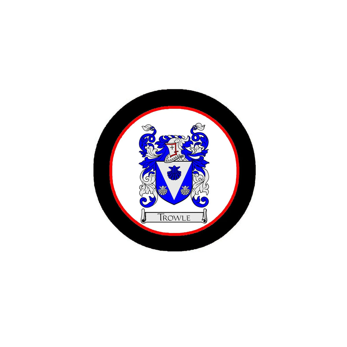 3-inch circular coat-of-arms magnet with black rim and blue shield crest, TROWLE text
