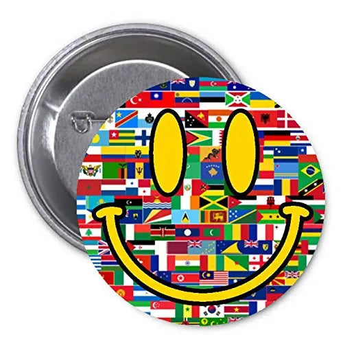 Smiley face pinback button with colorful country-flag pattern, yellow eyes and curved grin