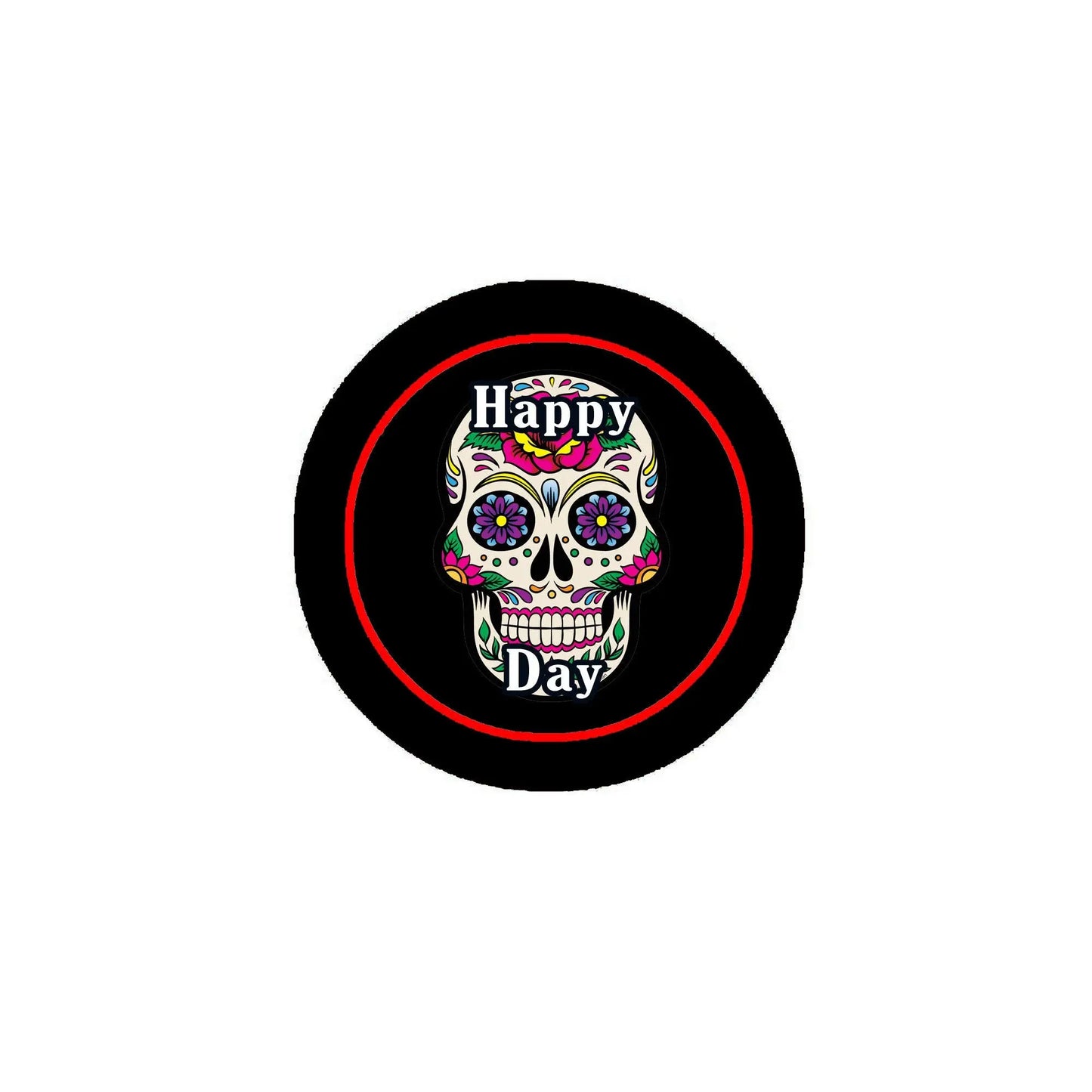 Black circular Day of the Dead pinback button with sugar skull and "Happy Day" text