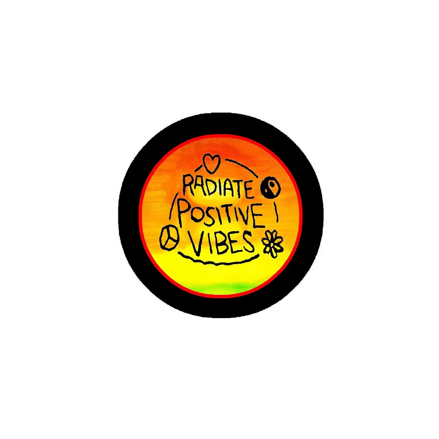 1.25-inch orange pinback button with 'RADIATE POSITIVE VIBES' text and icons