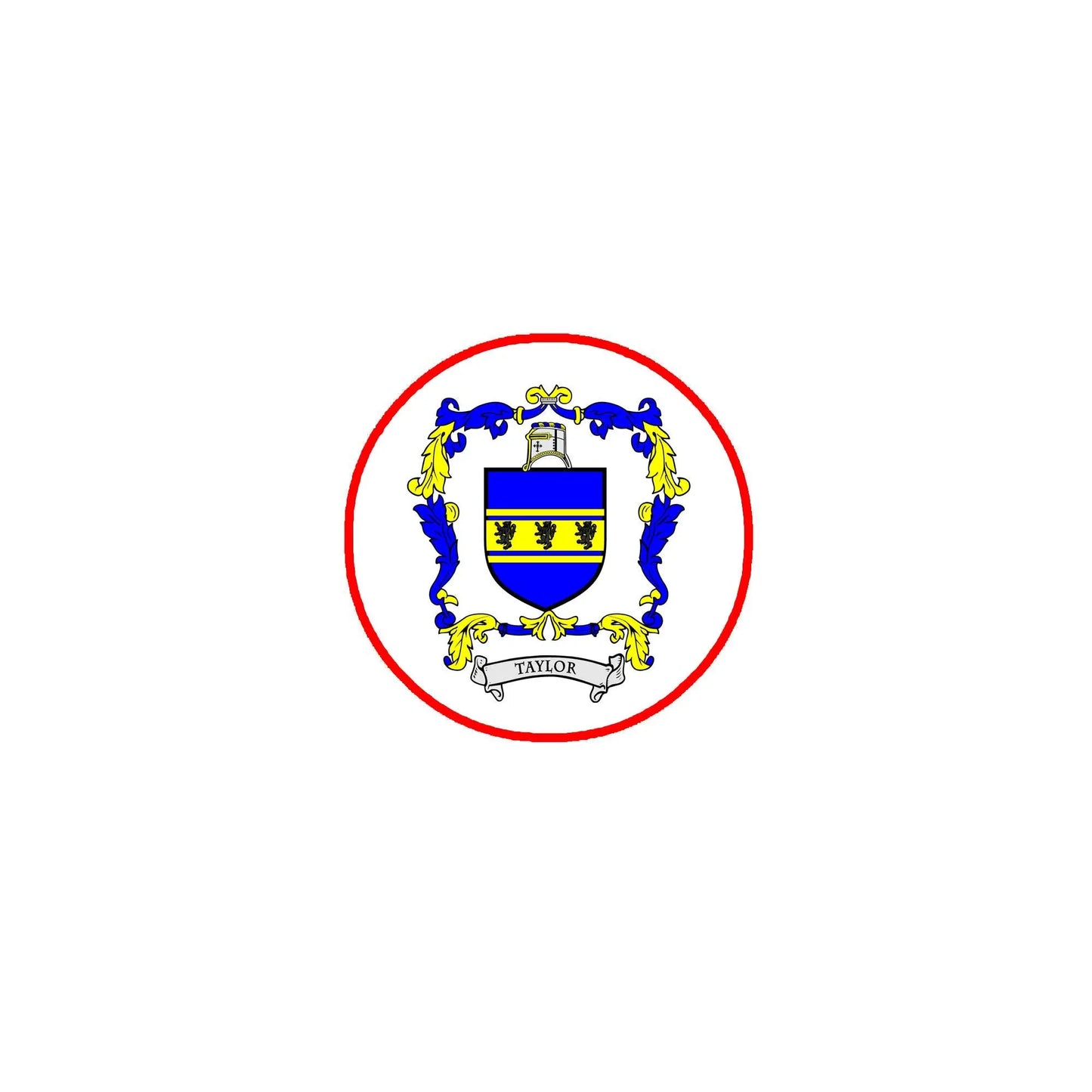Round pinback badge with blue and gold family crest, red border, TAYLOR text