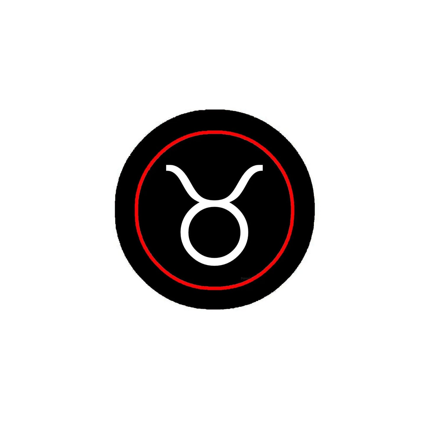 Taurus zodiac pinback button, round black with red ring and white Taurus symbol