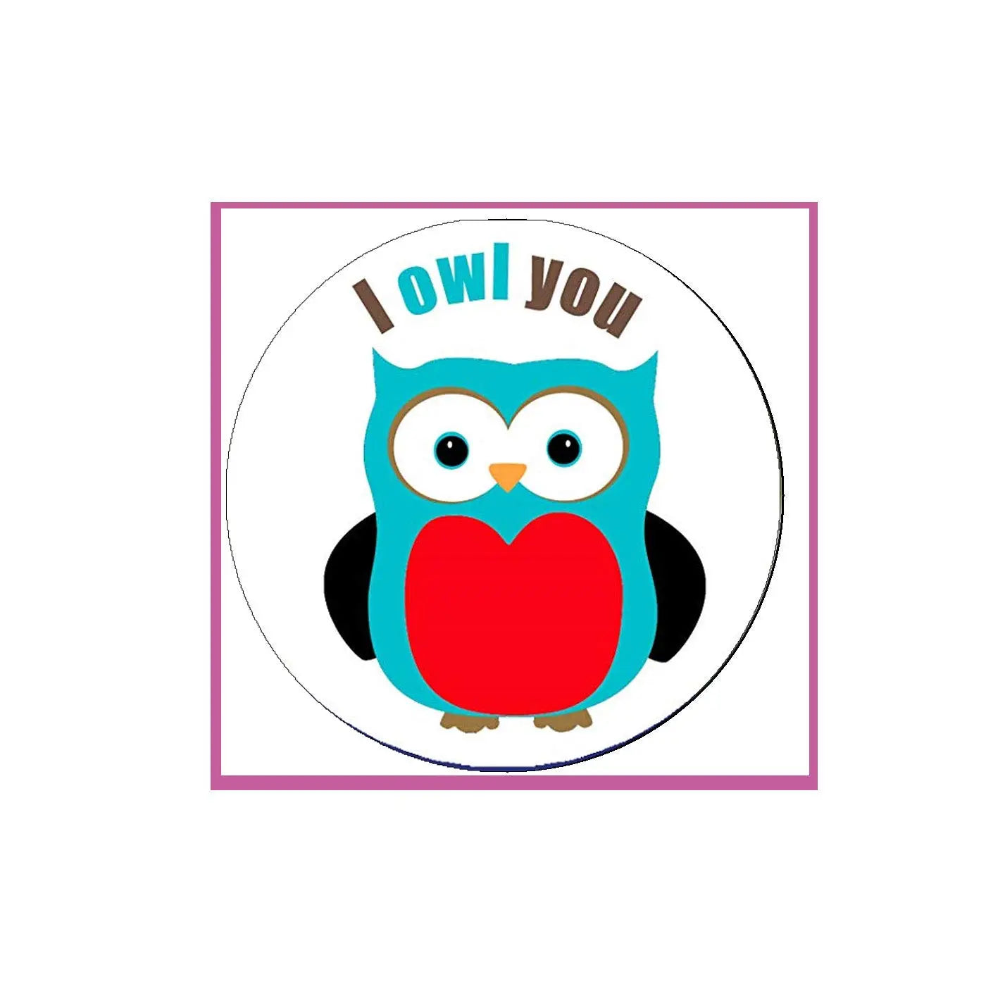 Blue owl pinback button with teal body, red belly, and round design