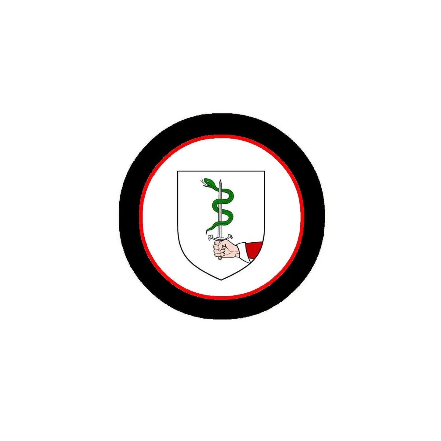 Round coat-of-arms magnet with black rim, red ring, and green serpent shield badge