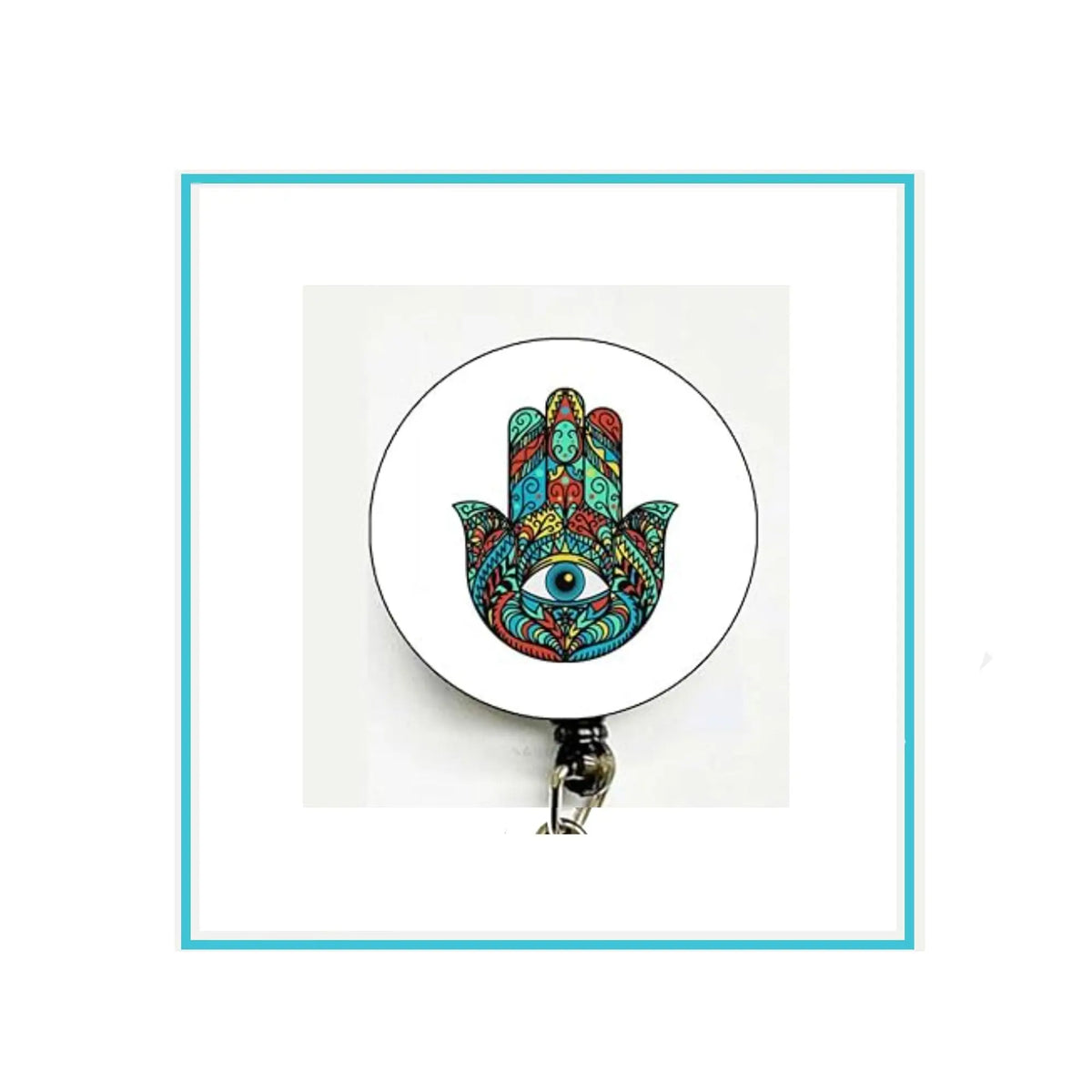 Felt hamsa symbol badge reel with colorful hand graphic and retractable clip