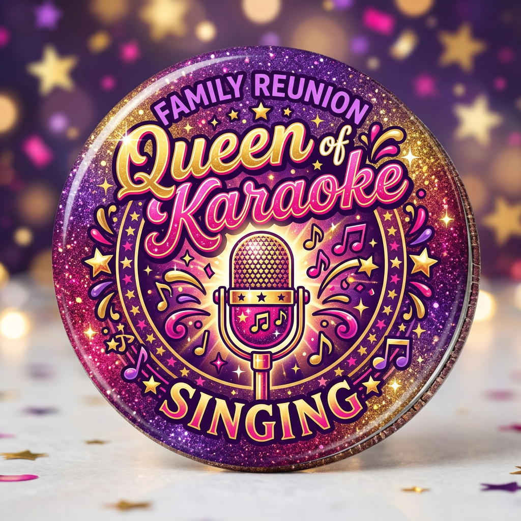 Family Reunion Queen of Karaoke Singing Pin Button 2.25-inch