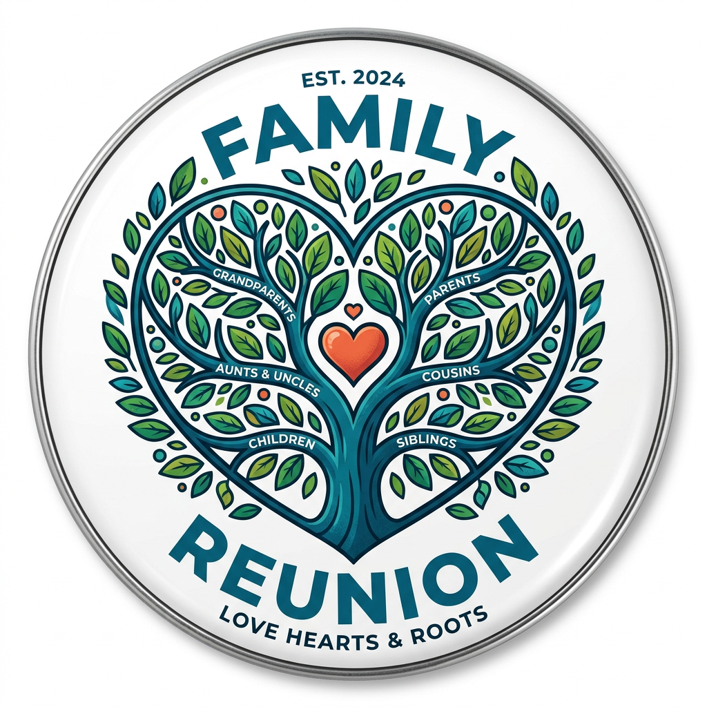 Family Tree Love Heart Family Reunion Blue Green Pin Button 2.25-inch
