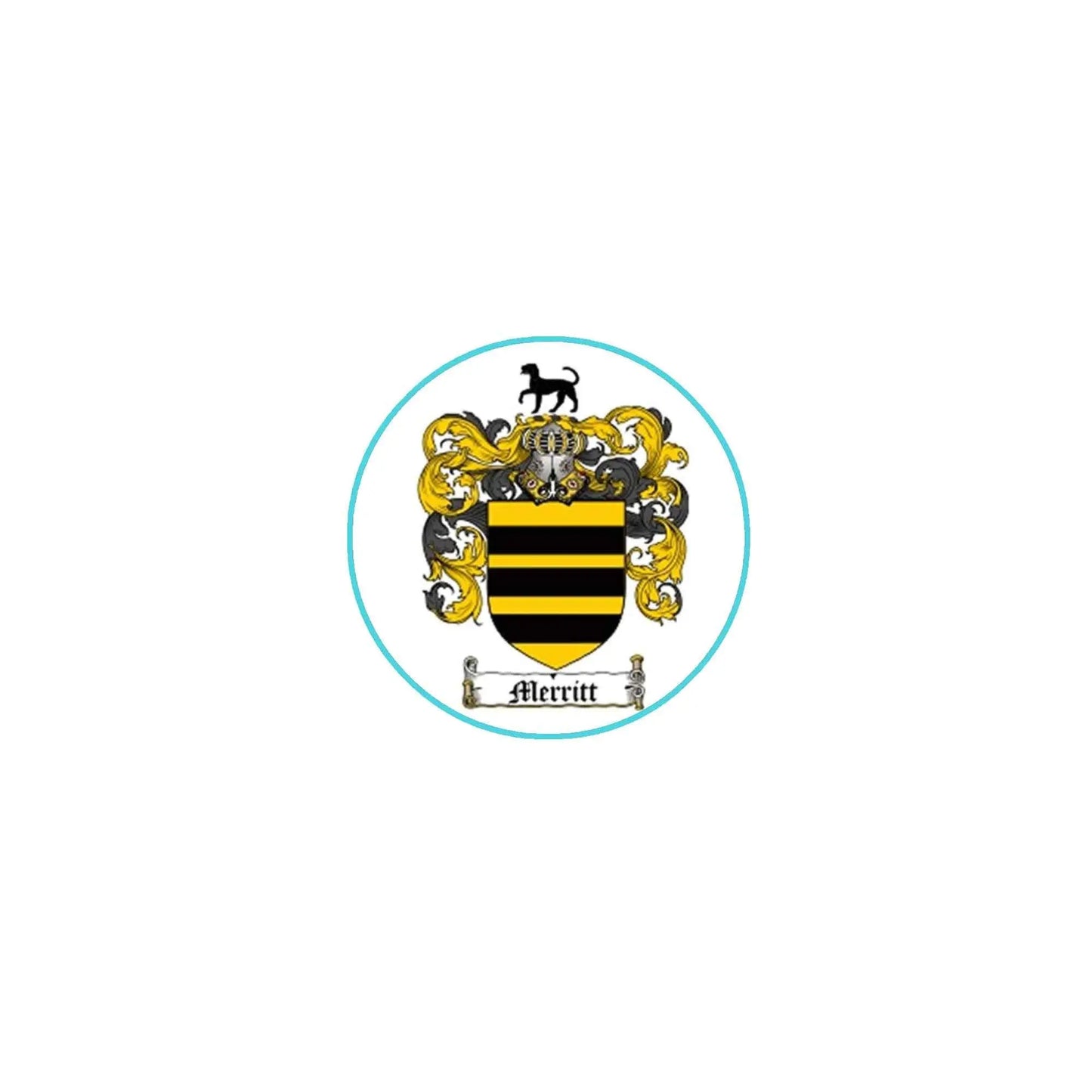 Merritt family crest coat of arms magnet with circular gold-and-black shield design