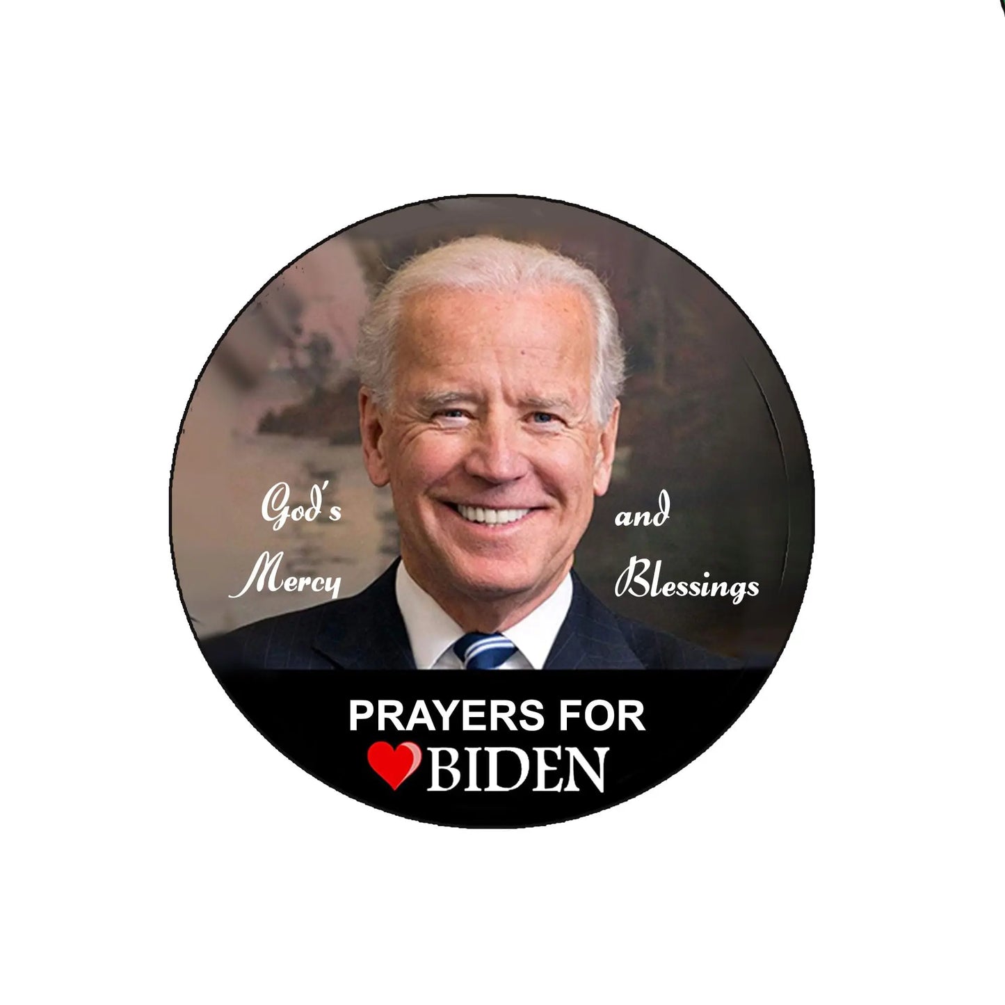 Round pinback badge with Joe Biden portrait, red heart, and text "Prayers for Biden"