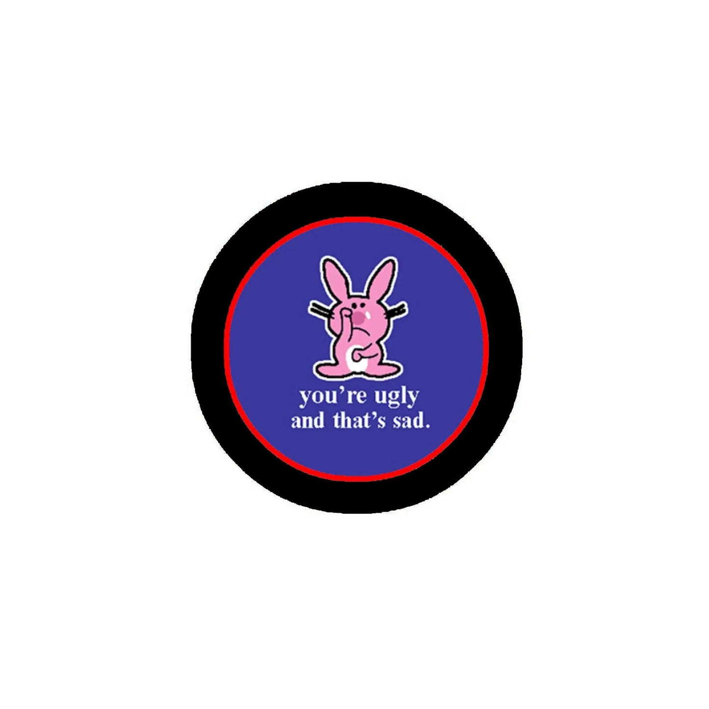 1.25-inch pinback button with purple rabbit graphic and text, black outer rim