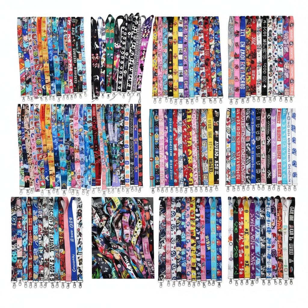 Cartoon lanyard set with colorful car and anime prints, multiple straps, 25 pcs