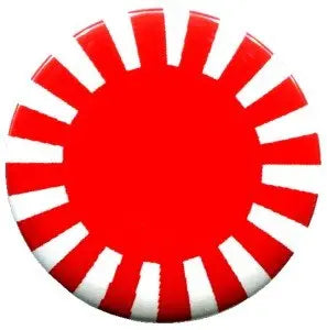 Round red pinback badge with white radial stripe design
