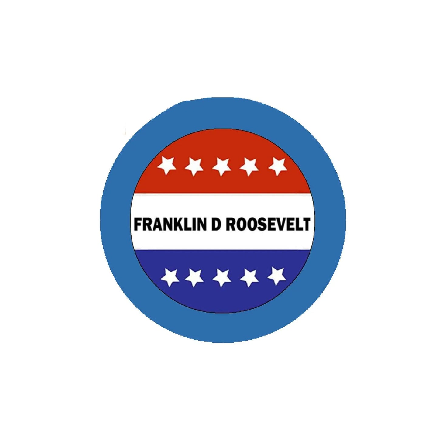 Voting style pinback button with blue stars and stripes and text FRANKLIN D ROOSEVELT