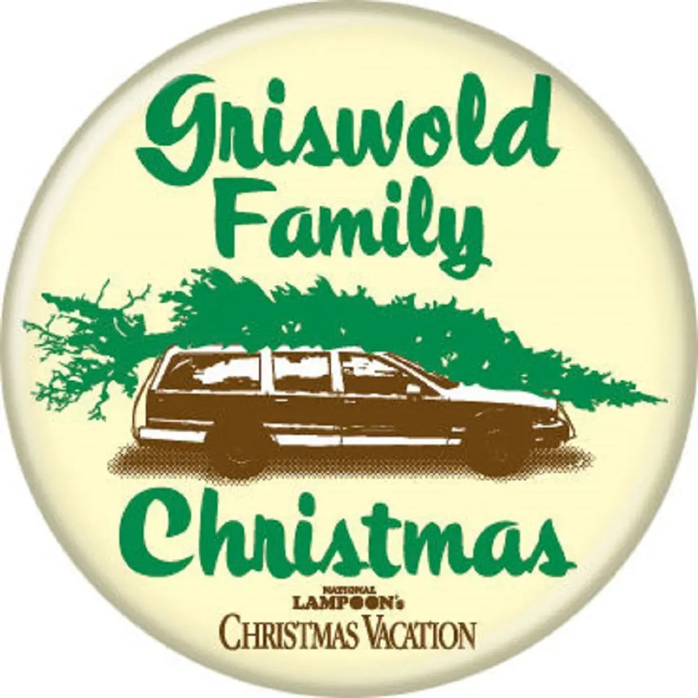 National Lampoon's pinback button: Griswold Family Christmas with car graphic