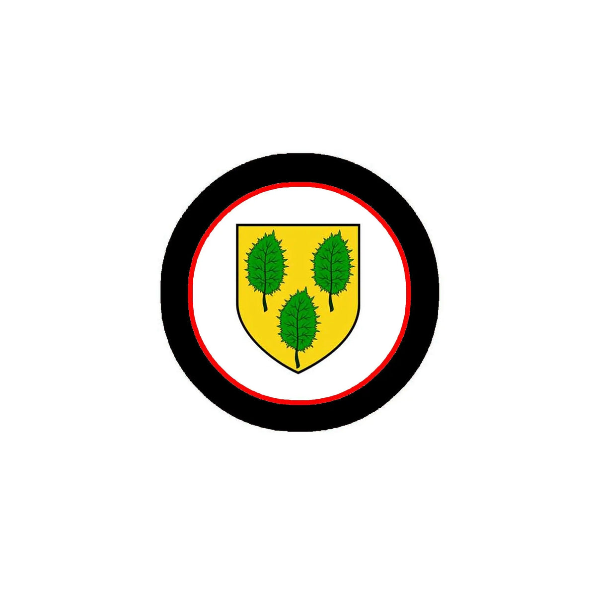 3-inch round coat-of-arms magnet: black and red ring, yellow shield with green trees.