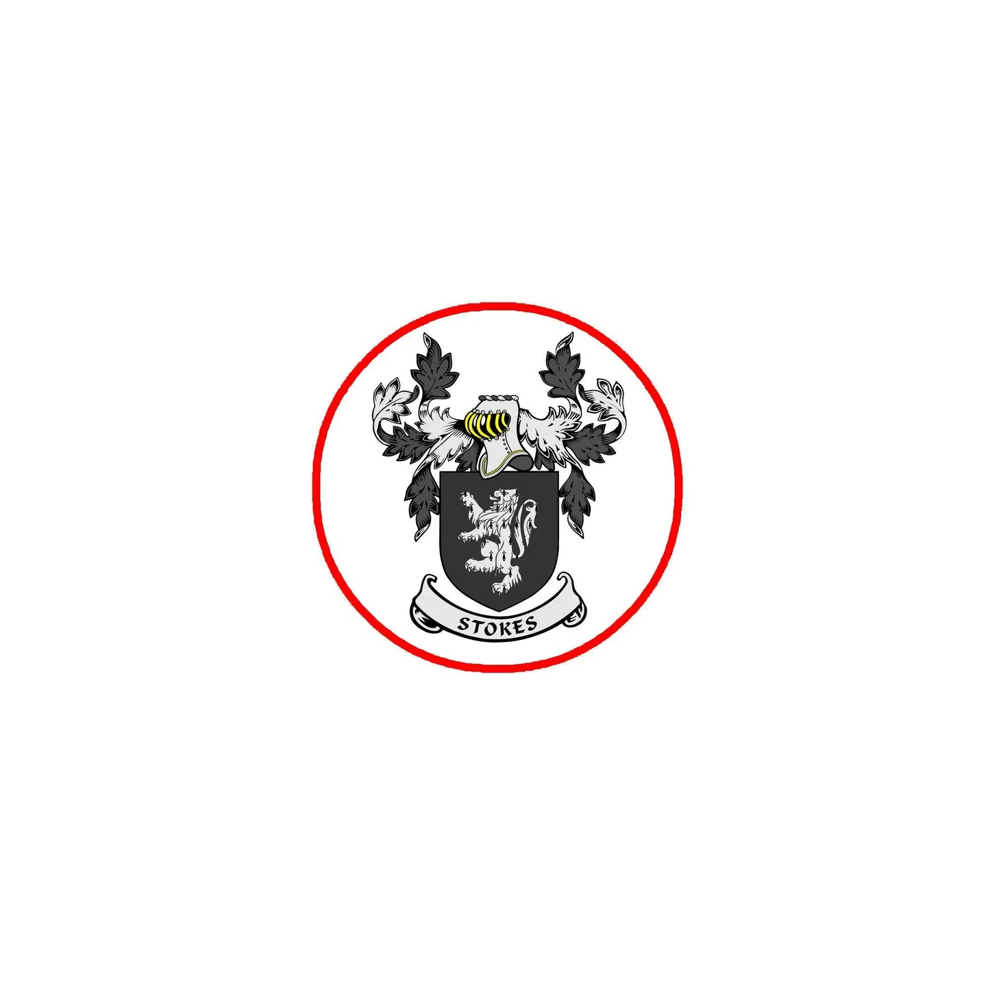 Round Stokes coat of arms pinback badge with red border and crest design