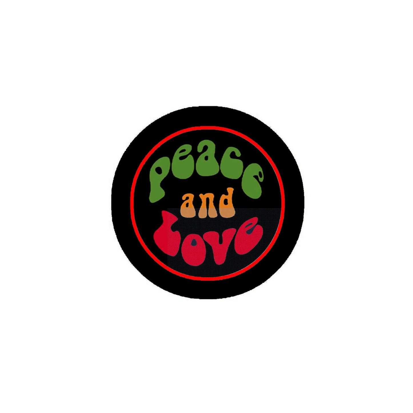 Round retro pinback badge with black edge, red ring, green peace and love text and heart icons