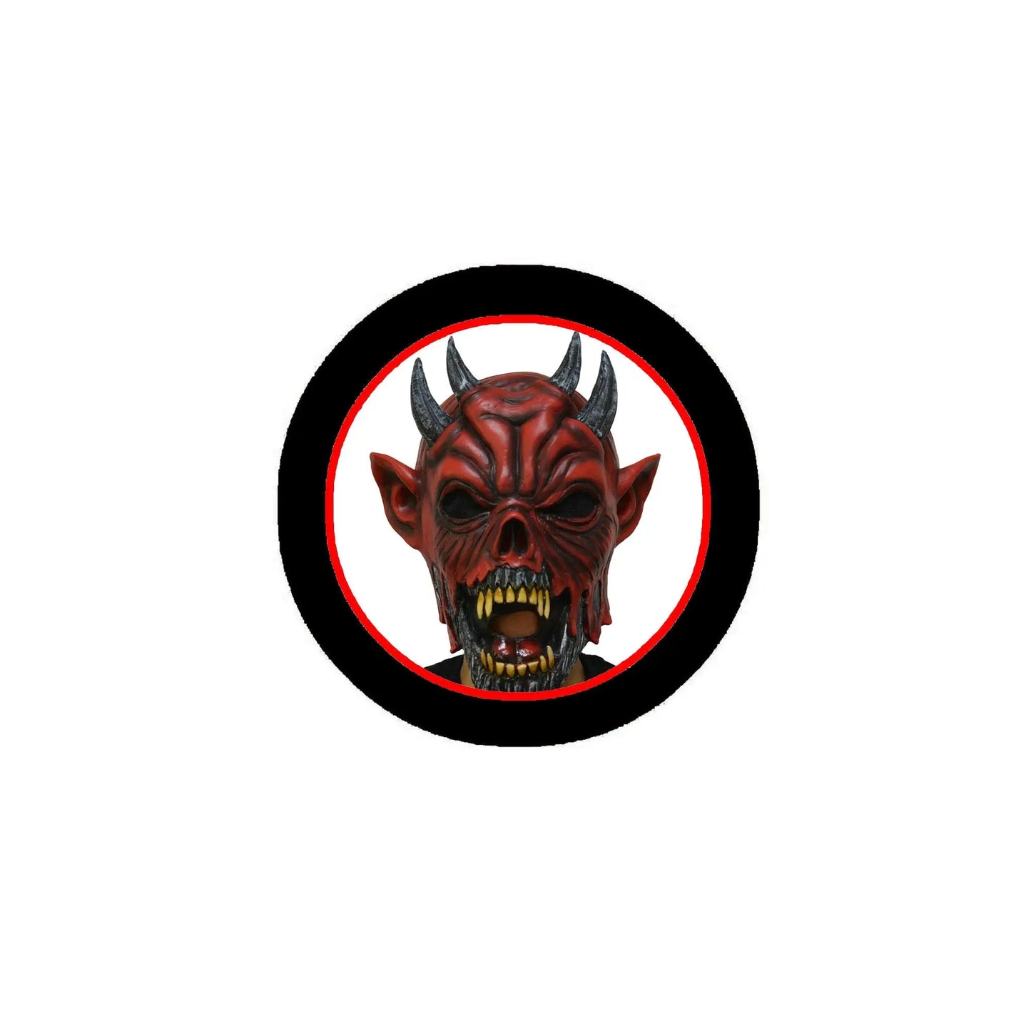 1.25-inch demon skull pinback with black border, red horns, and yellow teeth