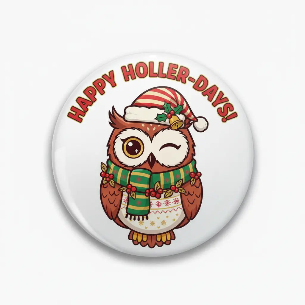 Round pinback button with owl in scarf and holiday hat, HAPPY HOLLER-DAYS text