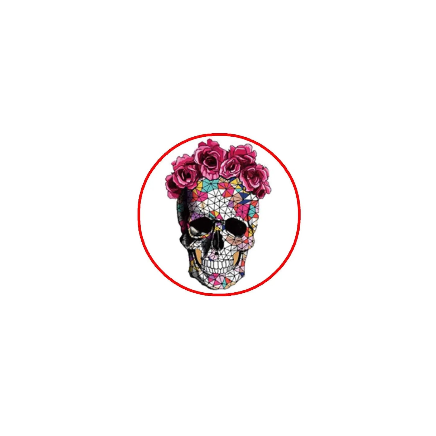 Skull and roses pinback badge with multicolor floral crown, round red border