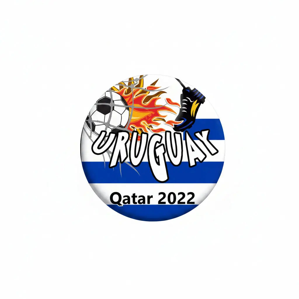 2.25-inch Uruguay soccer pinback badge: flag stripes, soccer ball, 'Qatar 2022' text