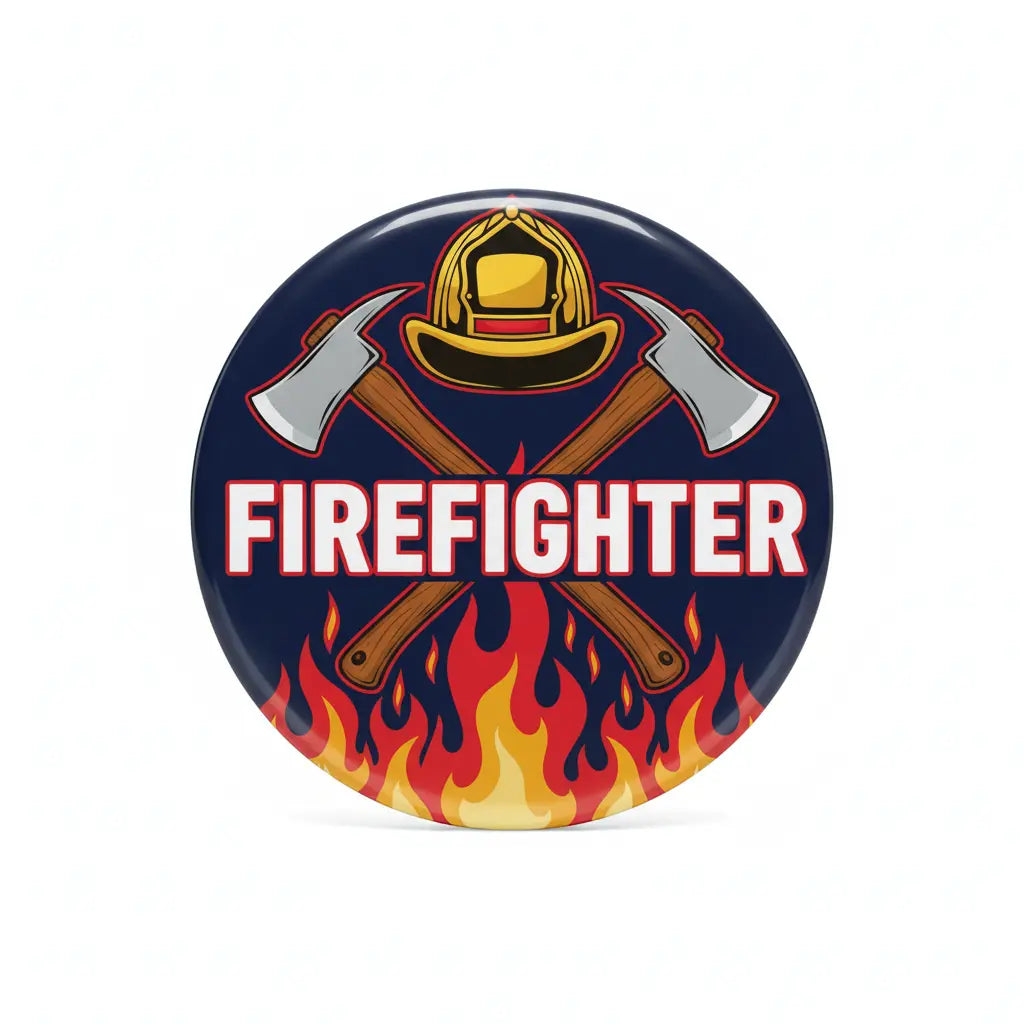 Firefighter pinback button with firefighter helmet, crossed axes, and FIRE FIGHTER text