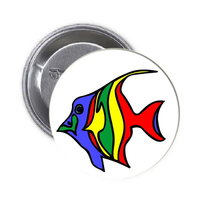 Fish-shaped pinback button, 1.25-inch, colorful striped fish illustration