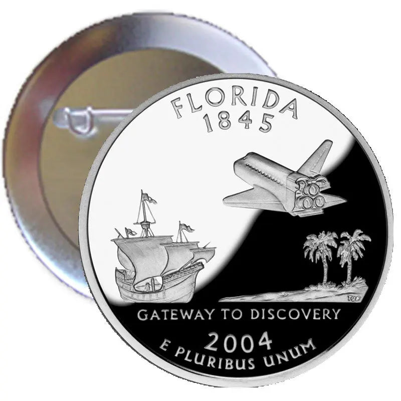 Round Florida State coin-style pinback with ship and palm tree, 2.25-inch