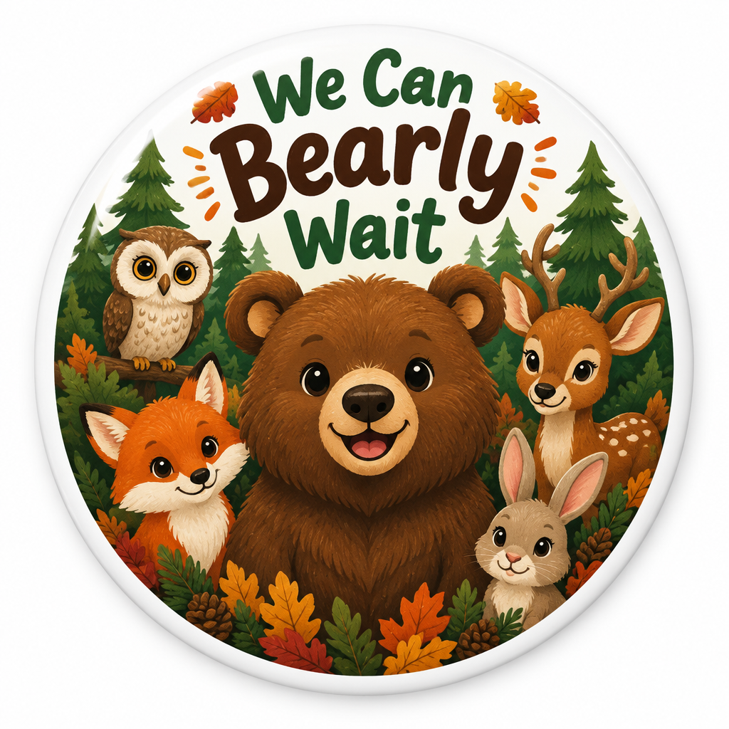 Forest Woodland Animals We Can Bearly Wait Pin Button 2.25-inch